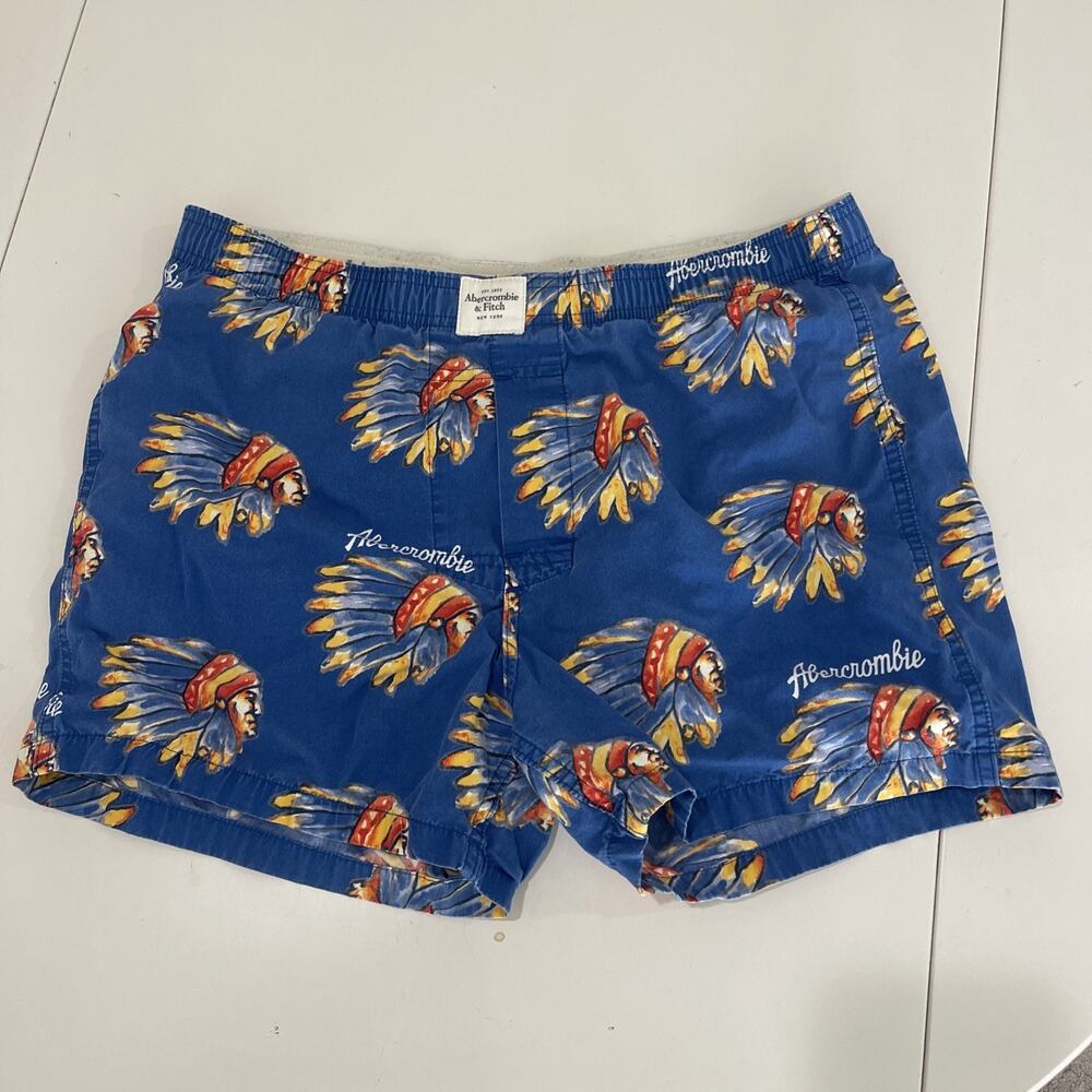 VTG Abercrombie Boxer Indian Graphic Shorts Men Sz M Blue Cotton FLAW